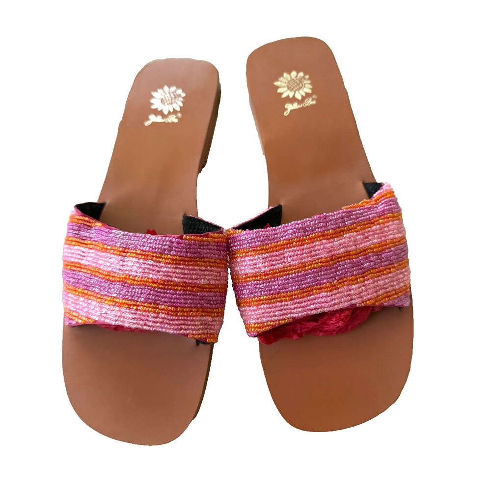 NWOT  Vintage Yellow Box Pink Striped Beaded Slip On Sandals Size 9.5 M